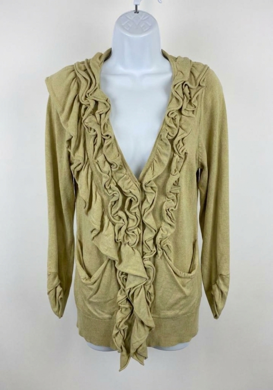 NEW IVY JANE women ruffled front boyfriend cardigan in celery